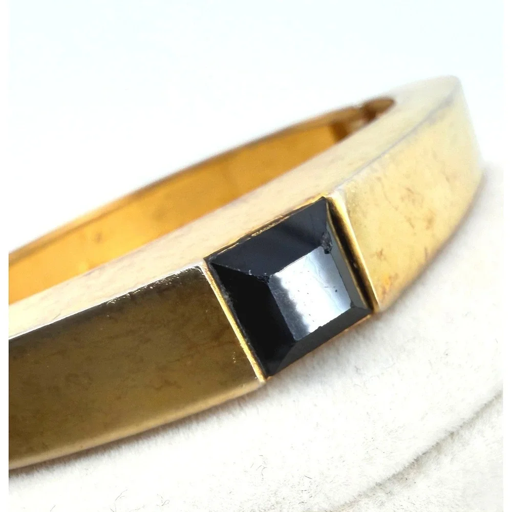Vintage Gold Tone Hinged Bangle Bracelet Square Black Stone Geometric Cuff
